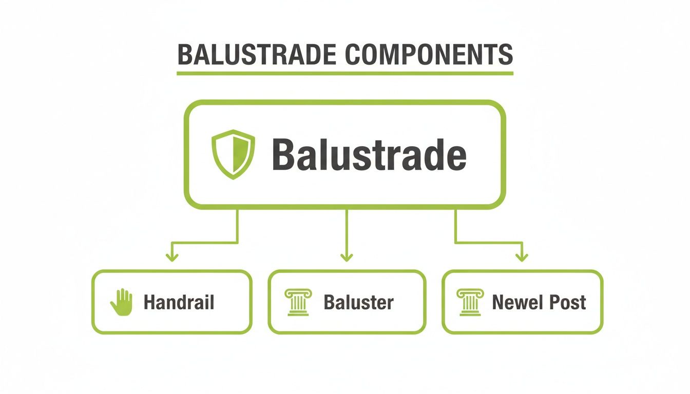 Diagram showing the components of a balustrade, including handrail, baluster, and newel post.