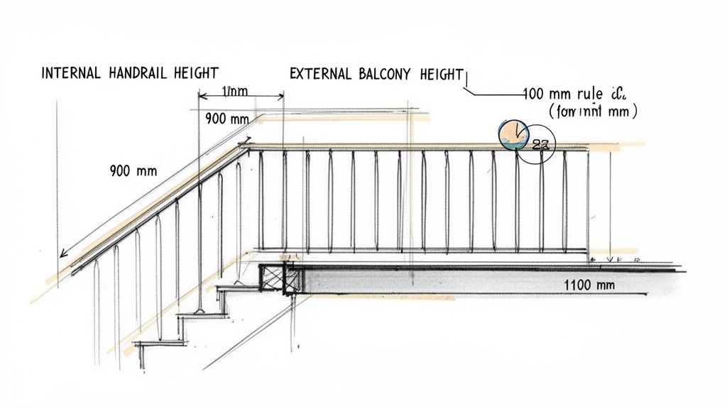 Architectural drawing detailing internal handrail and external balcony railing heights and dimensions.