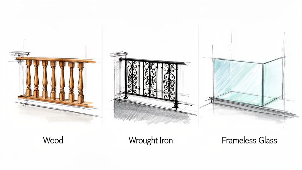 Illustrative sketches of wood, wrought iron, and frameless glass balustrade options.