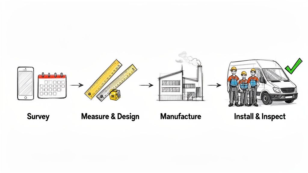 Hand-drawn process flow for a service: survey, measure, manufacture, install, and inspect.