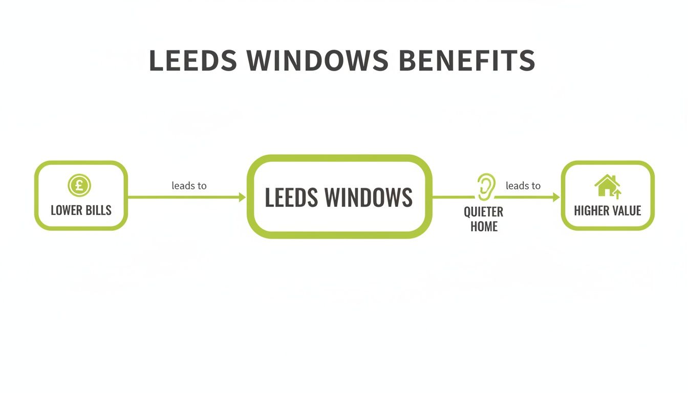 Flowchart illustrating Leeds Windows benefits: lower bills, quieter home, and higher property value.