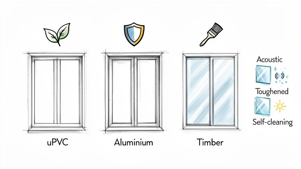 Illustration of window frame materials: uPVC, Aluminium, Timber, and glass types: Acoustic, Toughened, Self-cleaning.