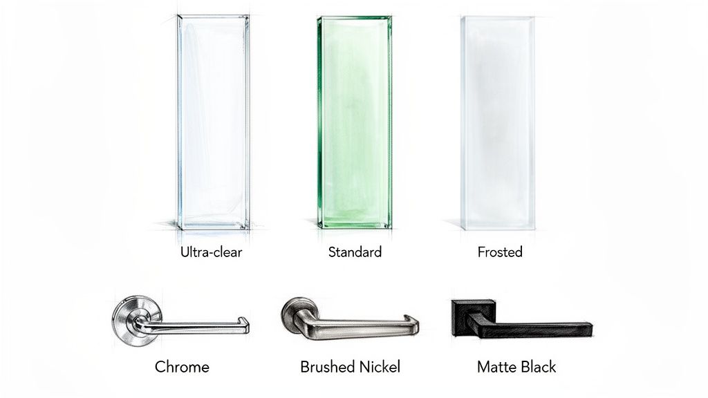 Six examples: three types of glass finishes (ultra-clear, standard, frosted) and three door handle styles (chrome, brushed nickel, matte black).