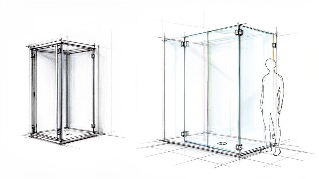 Architectural sketches show modern glass shower enclosures, one frameless with a human for scale.