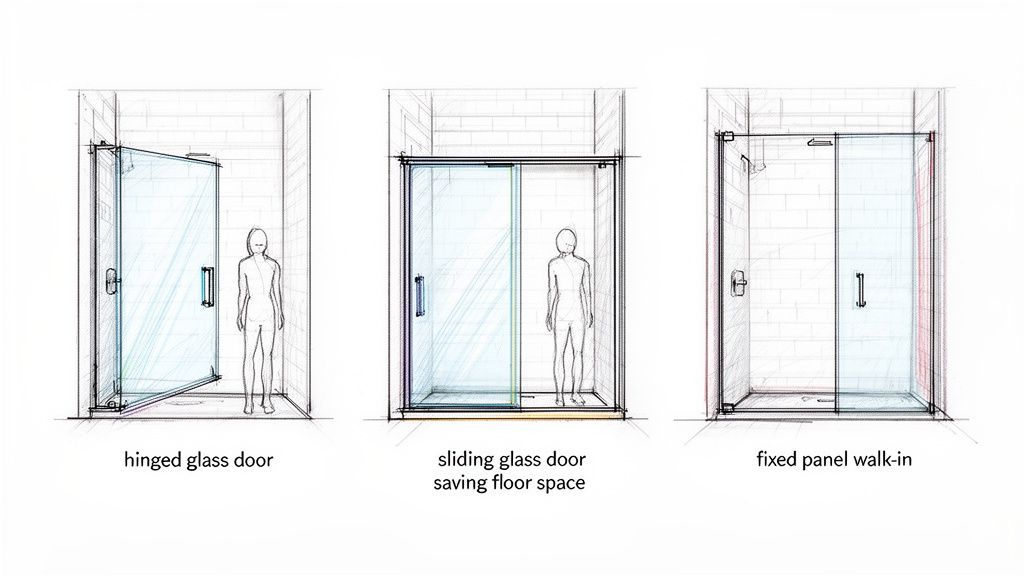 Sketches illustrate three frameless glass shower enclosure types: hinged, sliding door, and fixed panel walk-in.