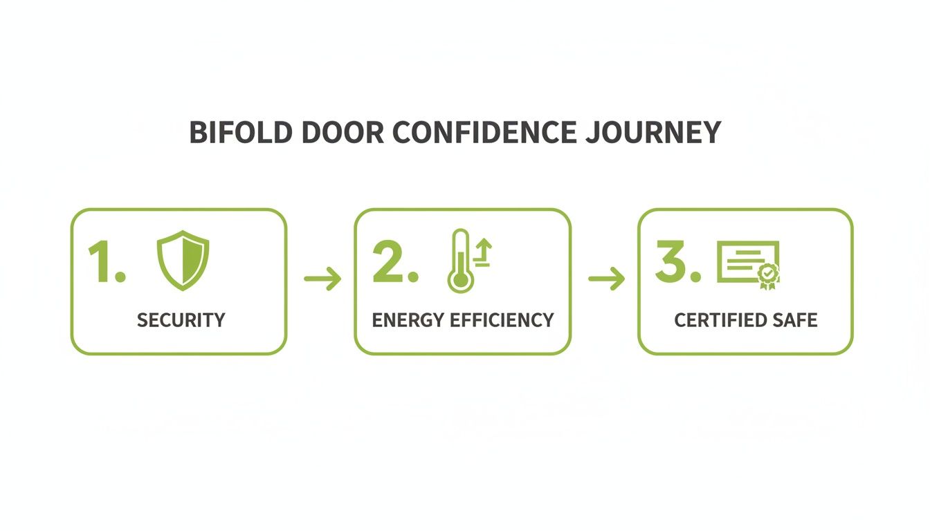 A diagram illustrating the bifold door confidence journey, highlighting security, energy efficiency, and certified safety.