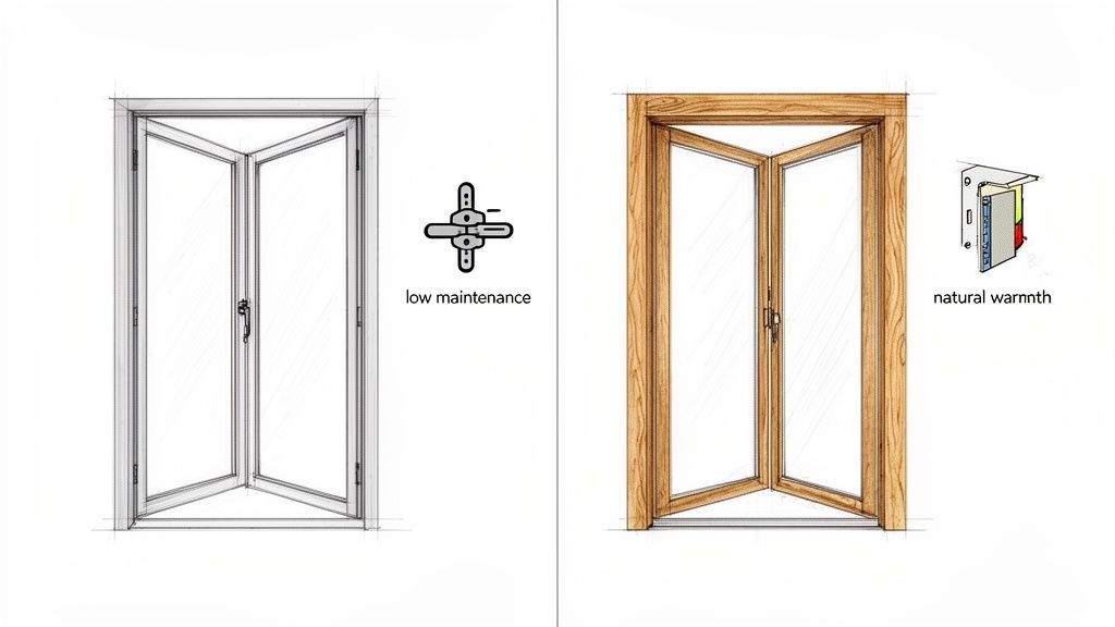 Two sketches comparing a low-maintenance bifold door with a natural wood bifold door offering warmth.