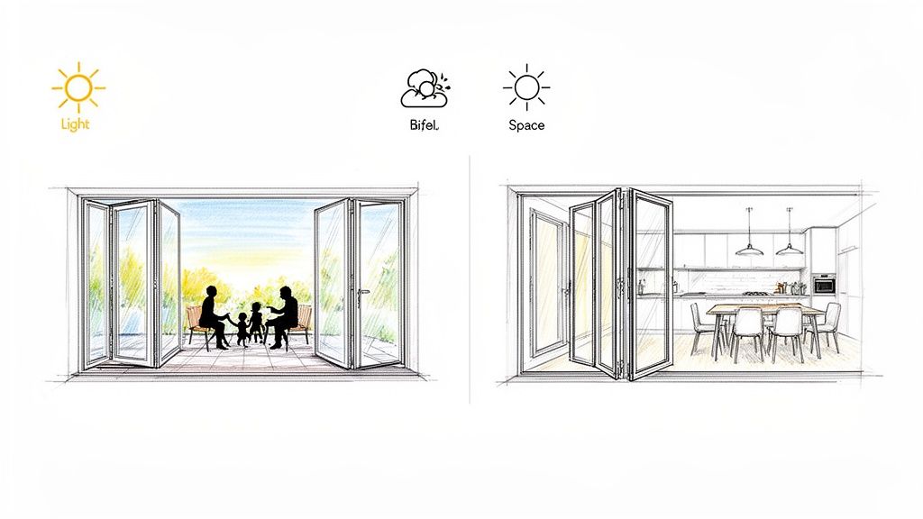 Sketches illustrating how glass bifold doors enhance natural light and open up living spaces, connecting indoors with outdoors.