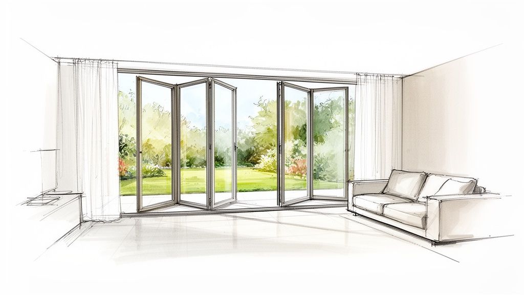 A bright living room sketch with glass bifold doors opening to a beautiful garden.