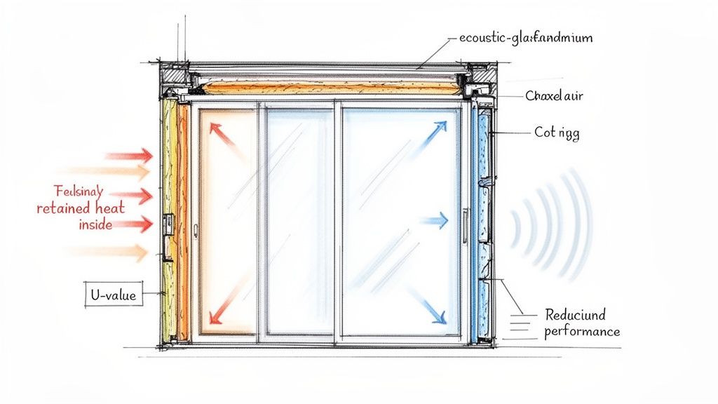 Detailed cross-section diagram of a sliding glass door system, illustrating insulation, heat retention, and acoustic performance.