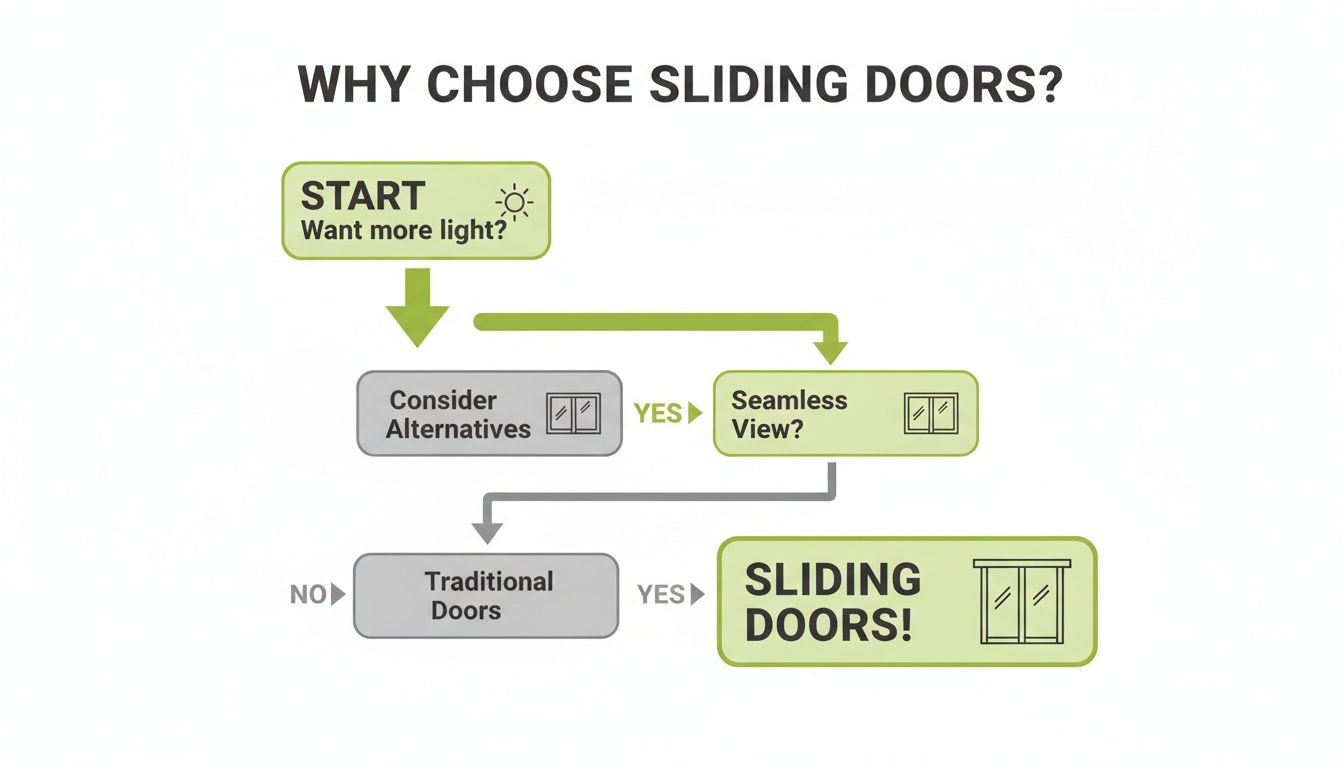 Flowchart illustrating the decision-making process for choosing sliding doors based on desire for light and seamless views.