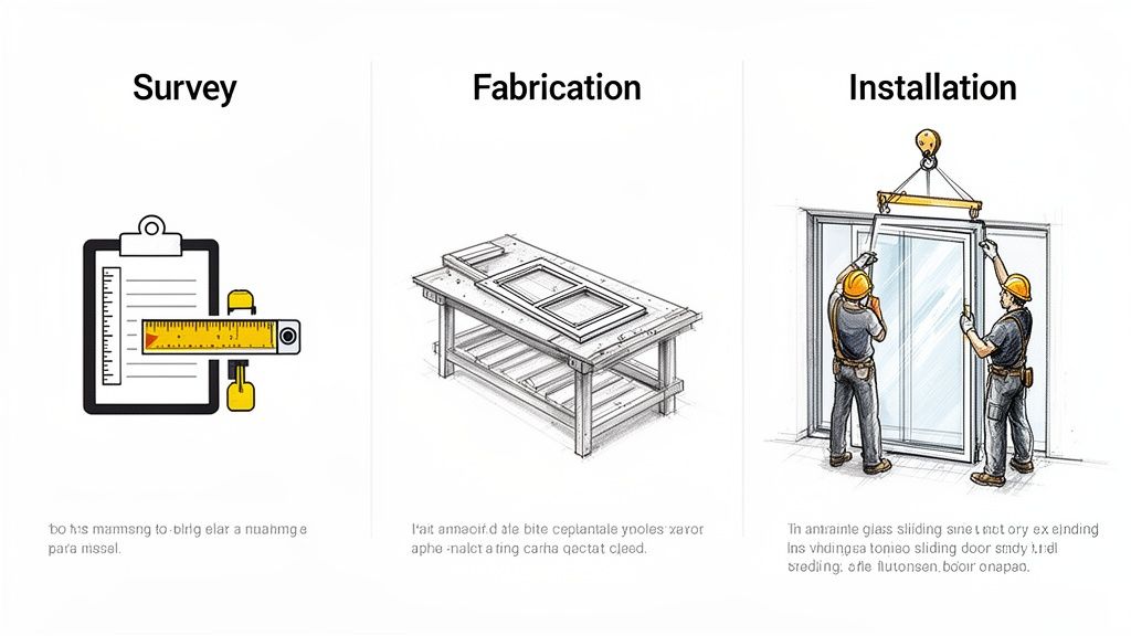 Illustration showing three steps: survey, fabrication, and installation of glass sliding doors.