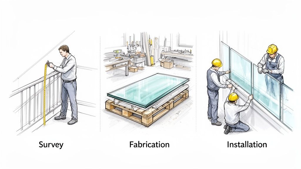 Three stages of glass balustrade project: survey, fabrication, and installation by workers.