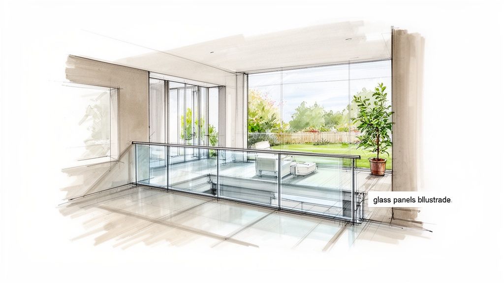 A modern architectural sketch showing a glass balustrade overlooking a lower floor and a garden view.