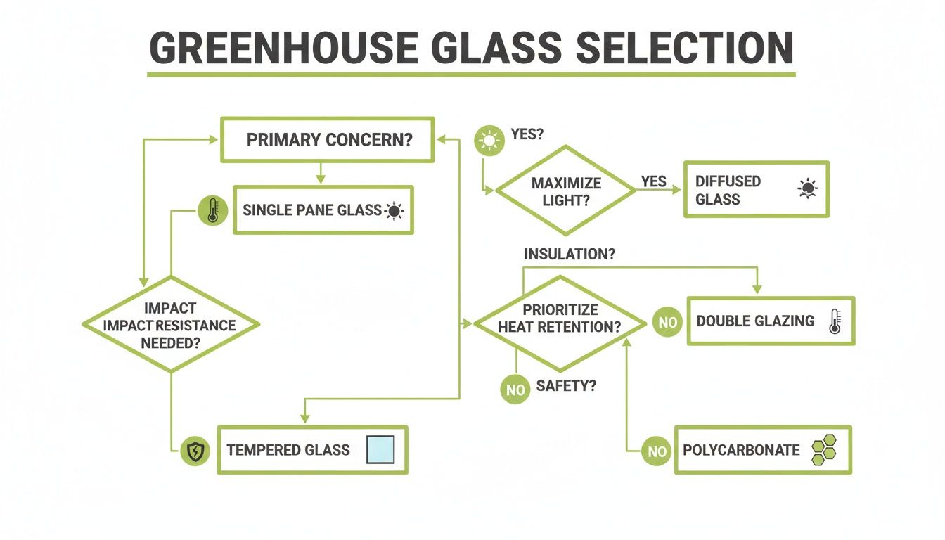 Flowchart detailing greenhouse glass selection based on concerns like light, insulation, heat retention, and impact resistance.