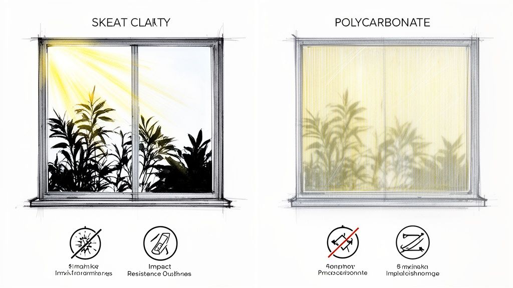 Comparison of clear glass and yellowed polycarbonate window panels, highlighting clarity differences.