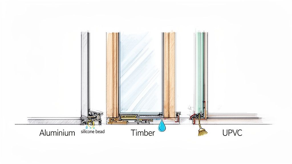 Detailed illustration comparing aluminium, timber, and UPVC door or window threshold designs with sealing elements.