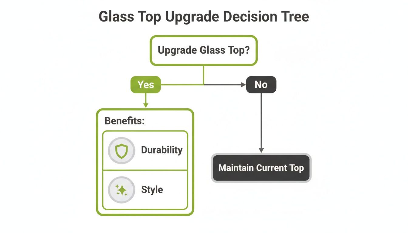 A decision tree flowchart for upgrading a glass top, showing benefits like durability and style.