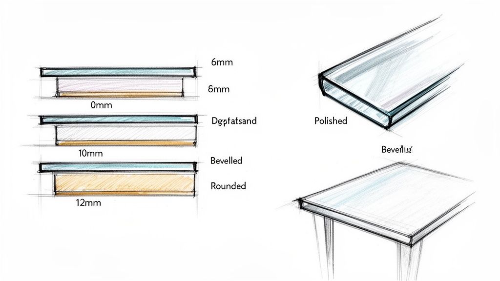 Sketches illustrating various glass table top edge finishes including polished, bevelled, and rounded.