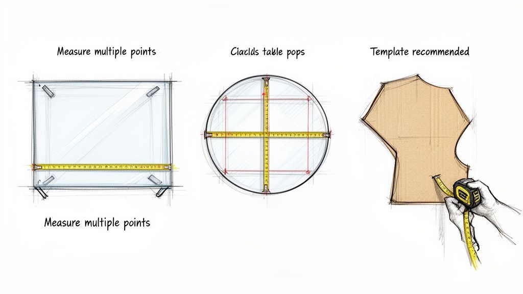 Diagram illustrating various measuring techniques for rectangular, circular, and custom-shaped glass table tops.