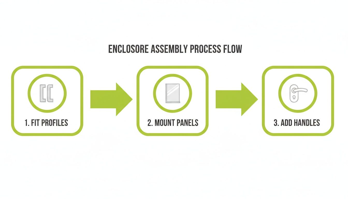 A diagram illustrating the three-step enclosure assembly process: fitting profiles, mounting panels, and adding handles.