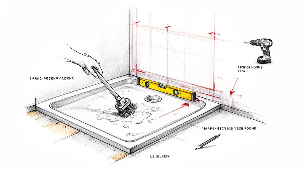 An illustration showing a shower tray being cleaned with a brush, a spirit level, and a drill, indicating installation steps.