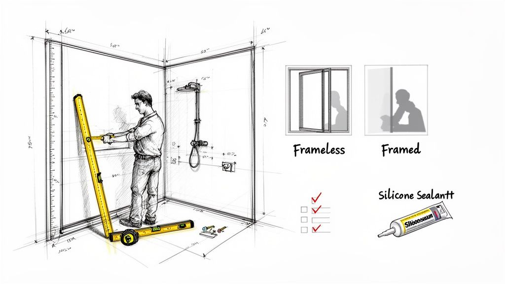 A detailed sketch of a man measuring for a shower enclosure installation, showing options and materials.