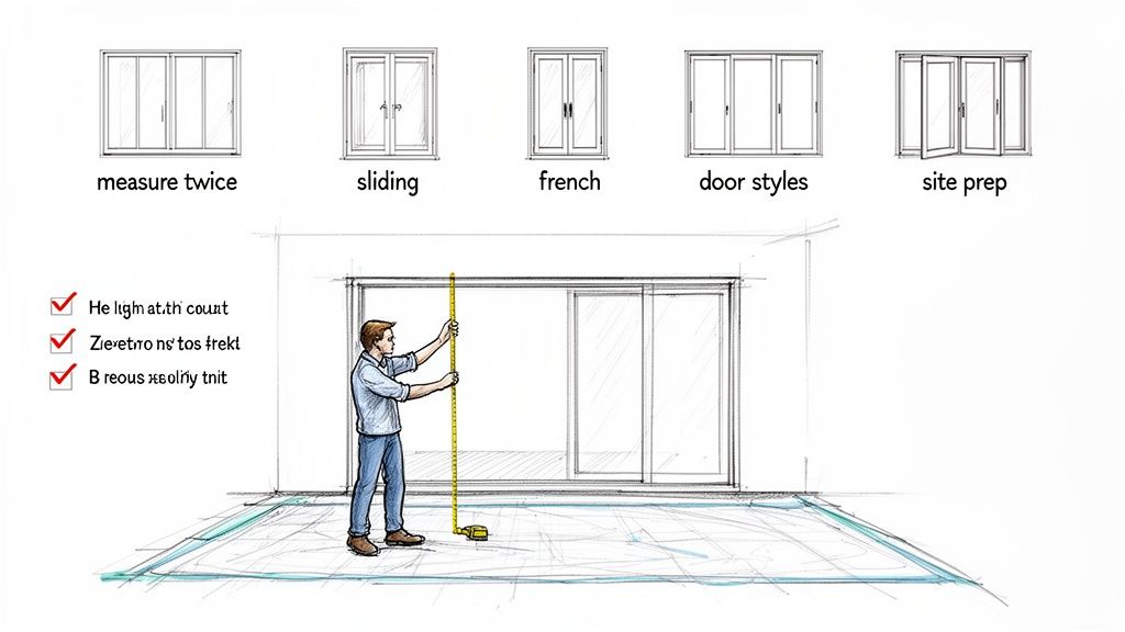 Diagram showing different door styles and a man measuring for a patio door installation.