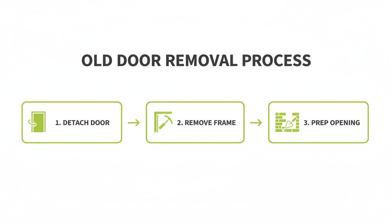 A three-step infographic detailing the old door removal process: detach door, remove frame, and prep opening.