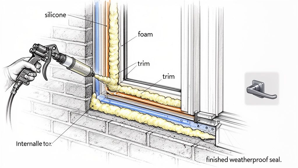 Diagram showing a hand applying foam and silicone sealant to weatherproof a window frame.
