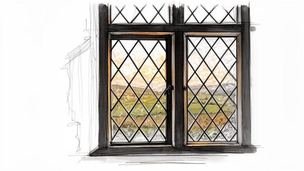 A watercolor and ink sketch of a leaded glass window overlooking a sunny countryside.