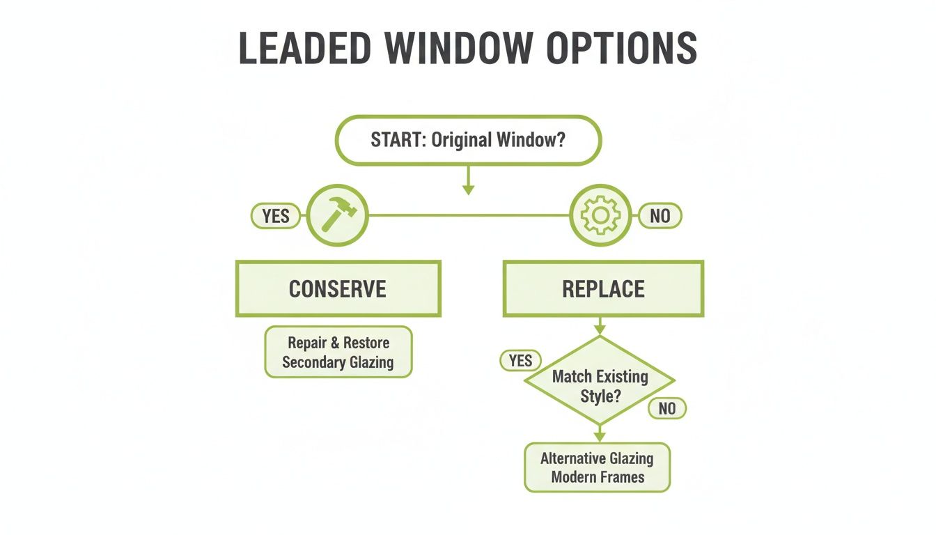 Flowchart detailing leaded window options: conserve original windows or replace with modern alternatives.