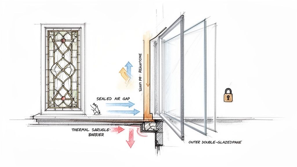 Detailed technical drawing illustrating a lead glass window with outer double-glazing, thermal barrier, and sealed air gap.