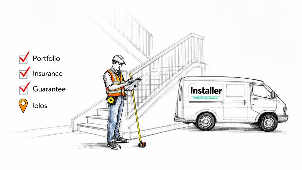 An installer in a hard hat and safety vest with a clipboard stands near a van and a checklist.