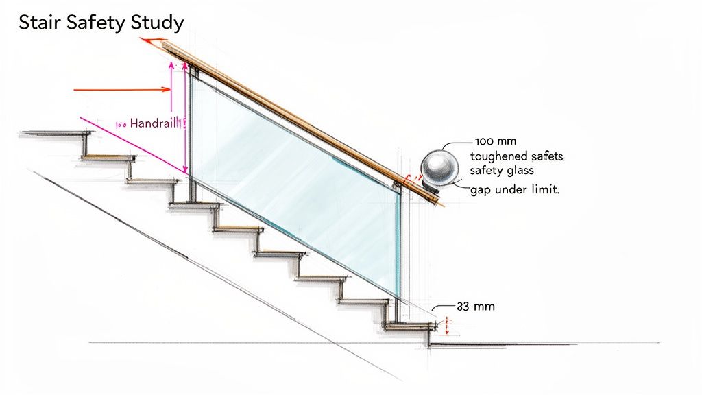 Technical drawing illustrating a stair safety study with a glass balustrade and handrail measurements.