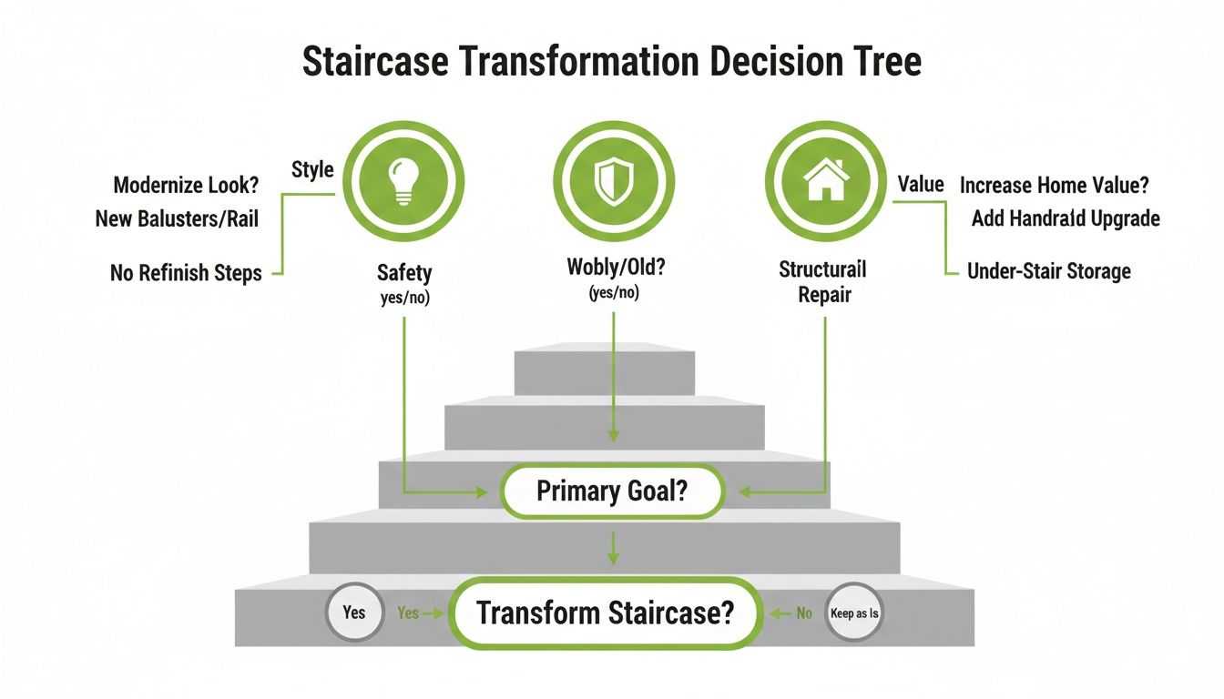 Decision tree for staircase transformation, outlining goals like style, safety, and structural repair.