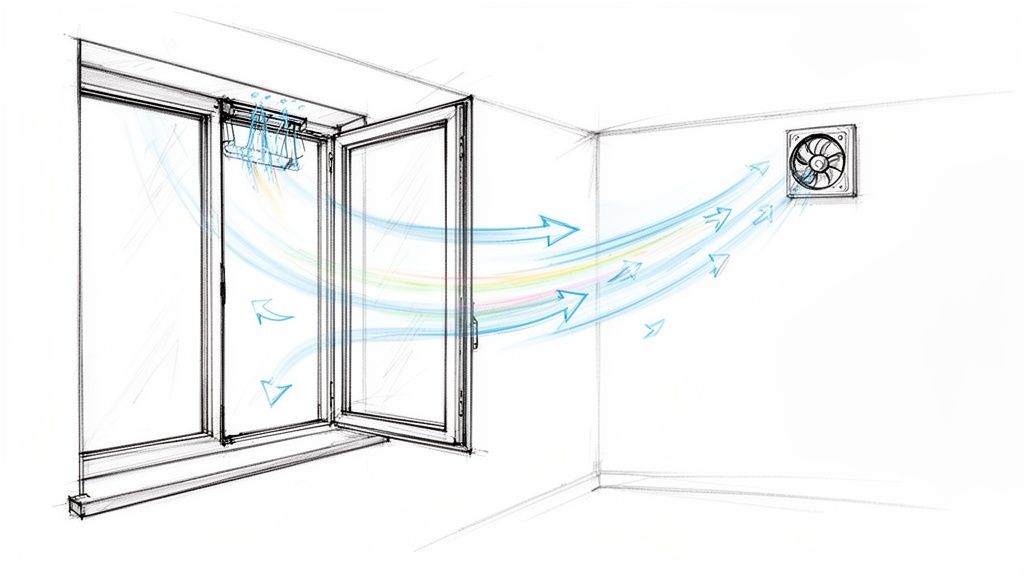 A sketch illustrating proper room ventilation with an open window and an exhaust fan, showing air circulation.