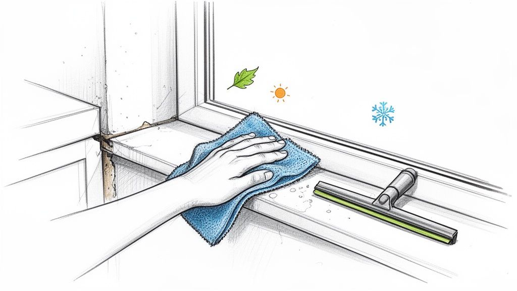 A hand cleaning a window sill with a blue cloth to prevent mould and mildew.