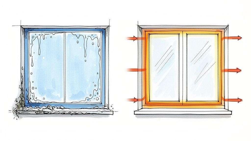 Two window illustrations contrasting a cold, moldy window with a properly insulated one.