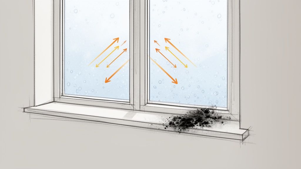Illustration of a window with condensation and arrows showing heat loss, resulting in black mold on the sill.