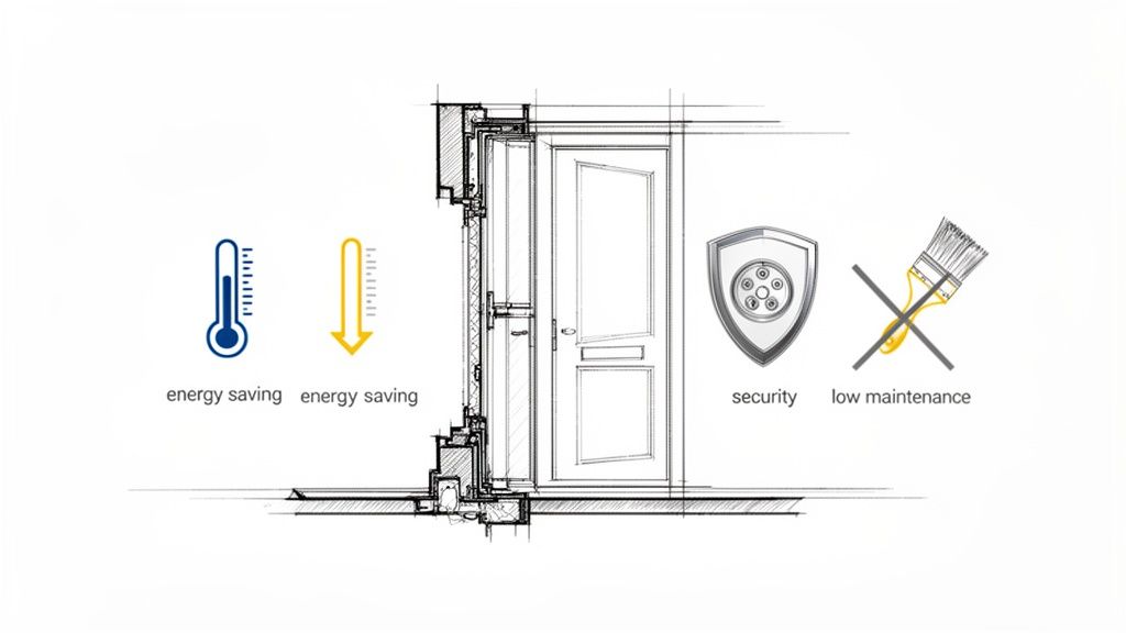 Technical diagram of a door frame installation, illustrating energy saving, security, and low maintenance benefits.