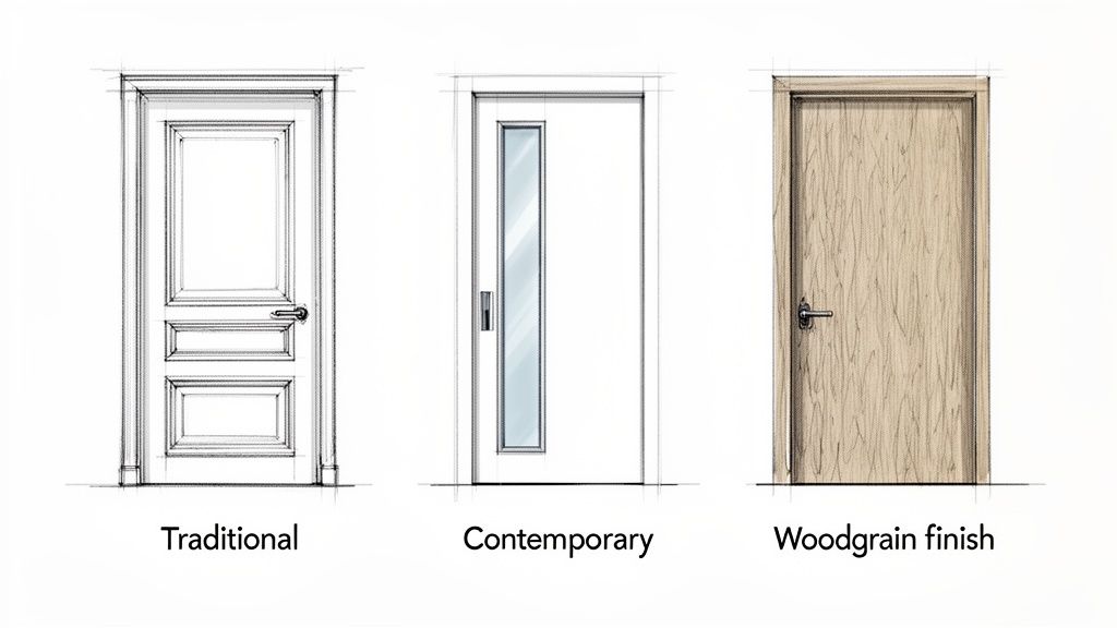Three door styles are depicted: a traditional paneled door, a contemporary door with a glass insert, and a woodgrain finish door.
