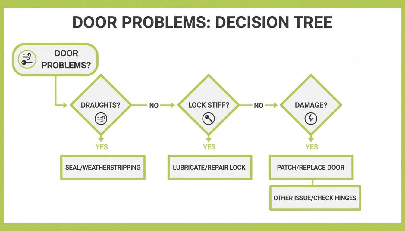 A decision tree flowchart for troubleshooting common door problems including draughts, stiff locks, and damage.