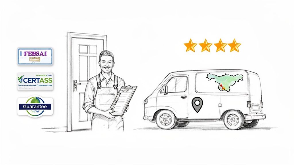 Illustration of a reliable home service with an installer, van, certification logos, and four-star rating.