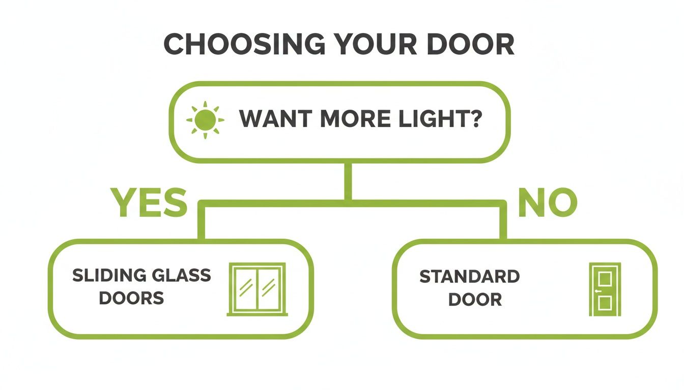 A flowchart guiding door selection: 'Want more light?' leads to 'Sliding Glass Doors' for yes, and 'Standard Door' for no.