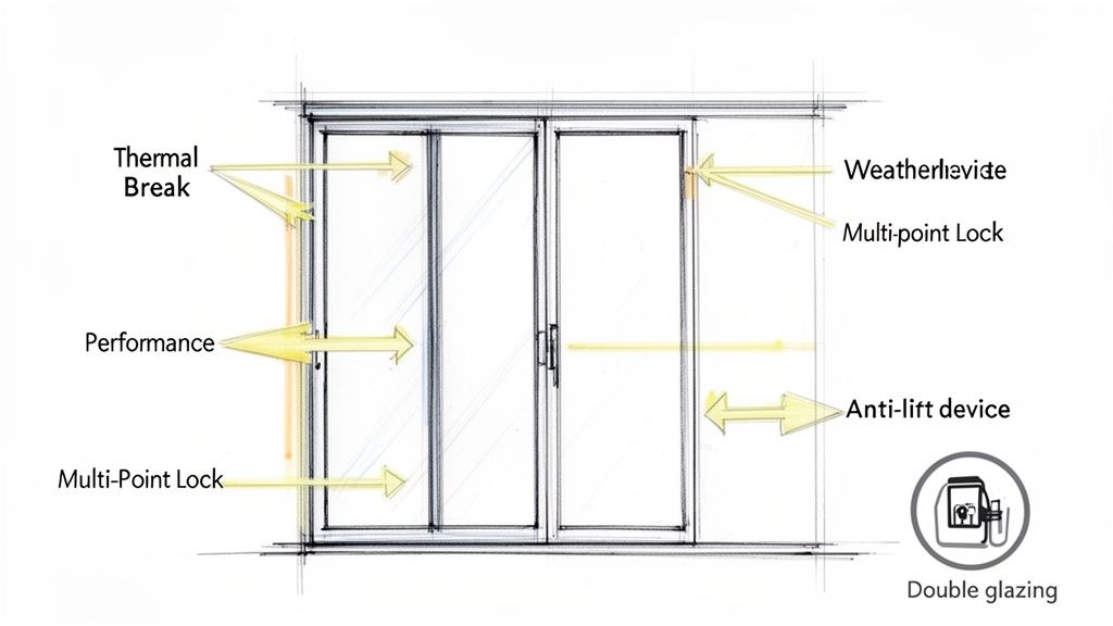 Detailed diagram of sliding glass doors, highlighting features like thermal break, multi-point locks, and double glazing.