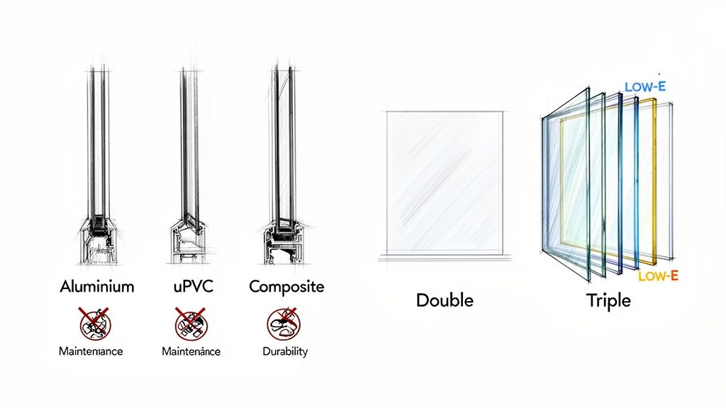 Illustration of window frame materials (Aluminium, uPVC, Composite) and glazing options (Double, Triple Low-E) with associated drawbacks.
