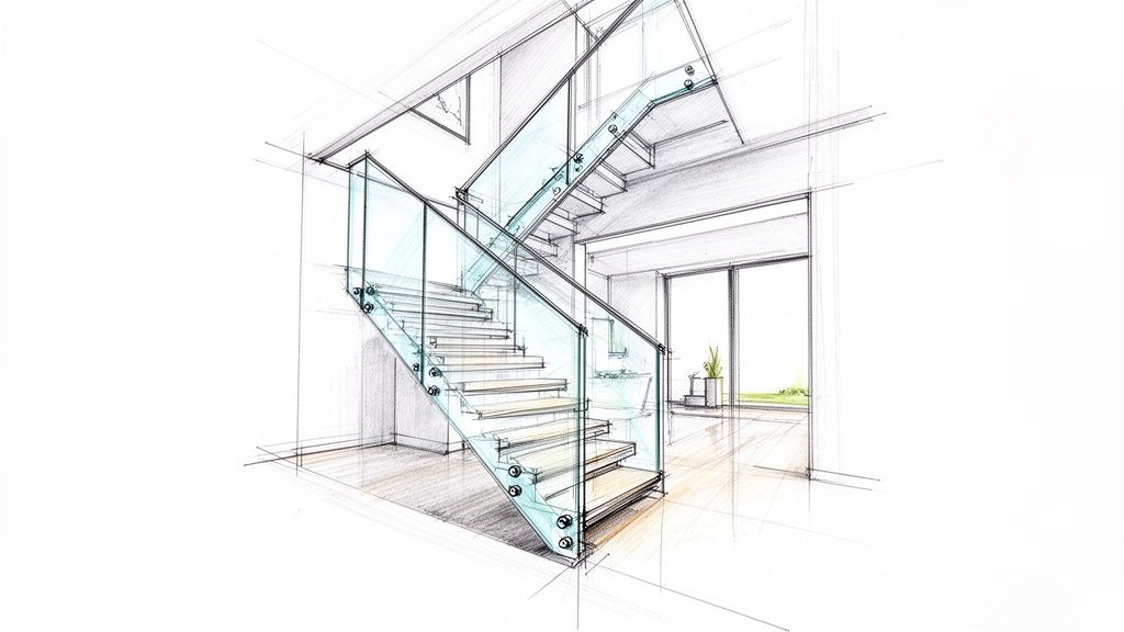A hand-drawn architectural sketch of a modern home interior featuring a two-story glass staircase.