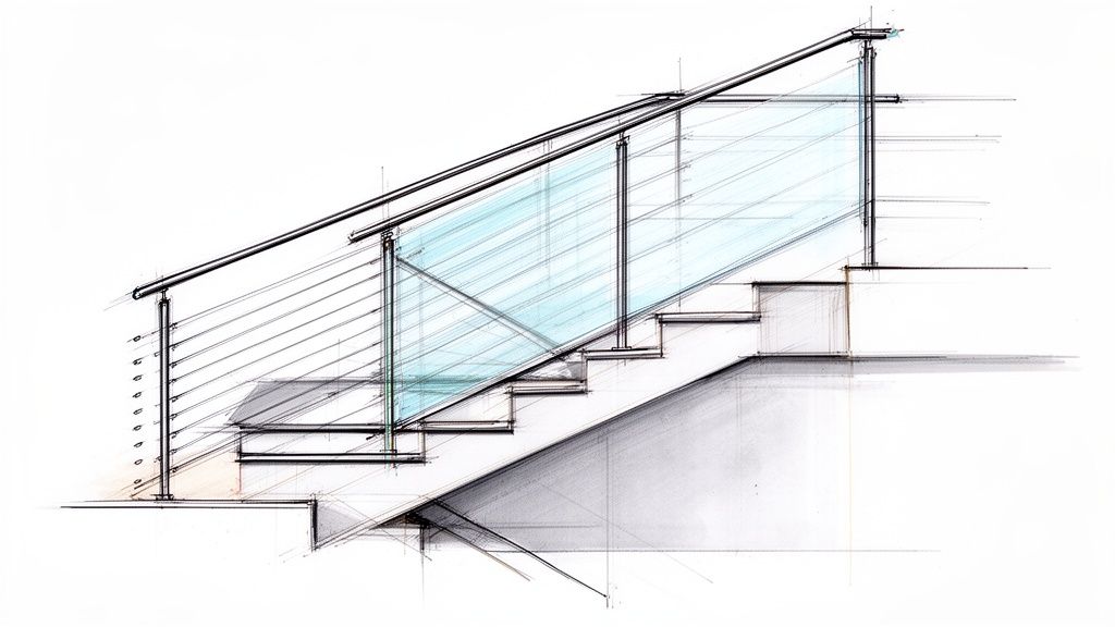Architectural sketch illustrating a modern staircase design with cable railing and clear glass balustrade.