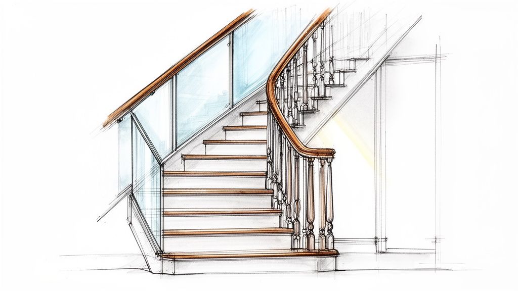 A detailed sketch showing a staircase with both modern glass and traditional wooden balustrades.